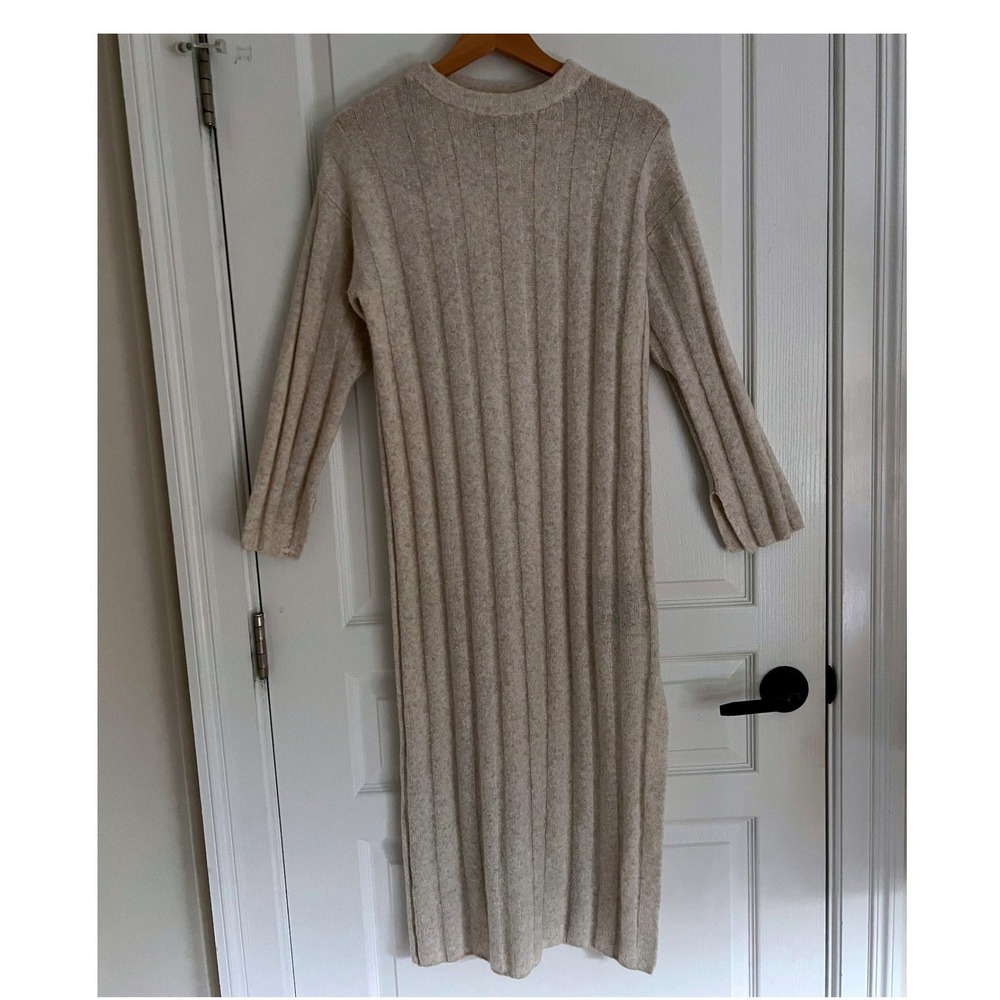 Ribbed Crew Knit Sweater Dress Cream Midi Long Sleeve Slit Y2K Bodycon Fall Med